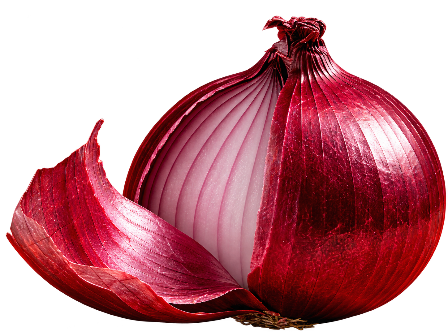 A red onion cut open, with one outer layer peeled away.