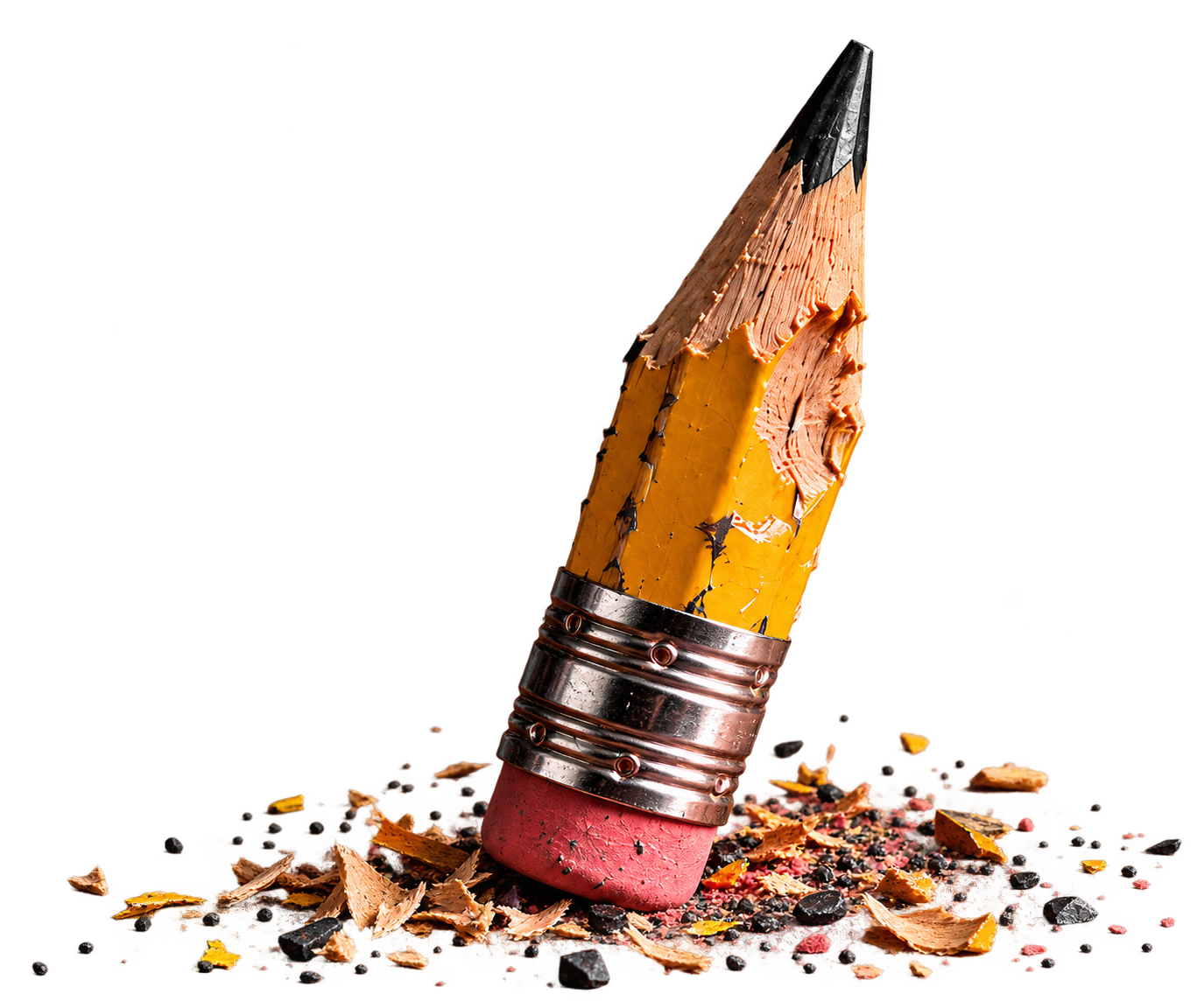 A pencil worn down to a stub, chewed and chipped, surrounded by shavings and broken graphite.