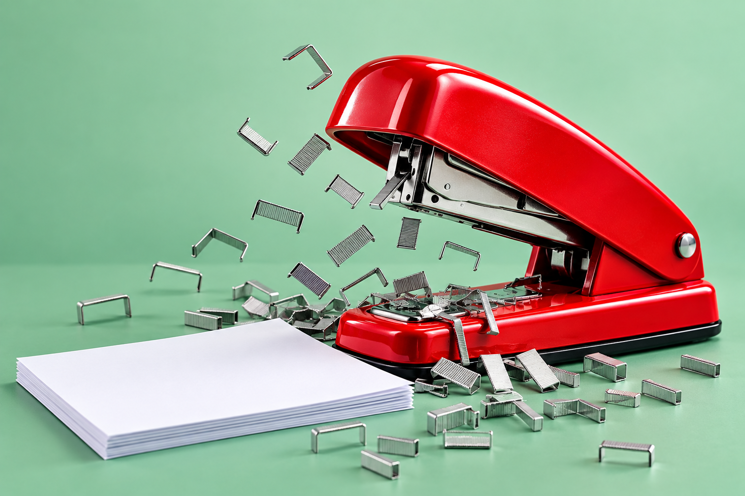 A red stapler firing staples everywhere instead of binding the stack of paper beside it.