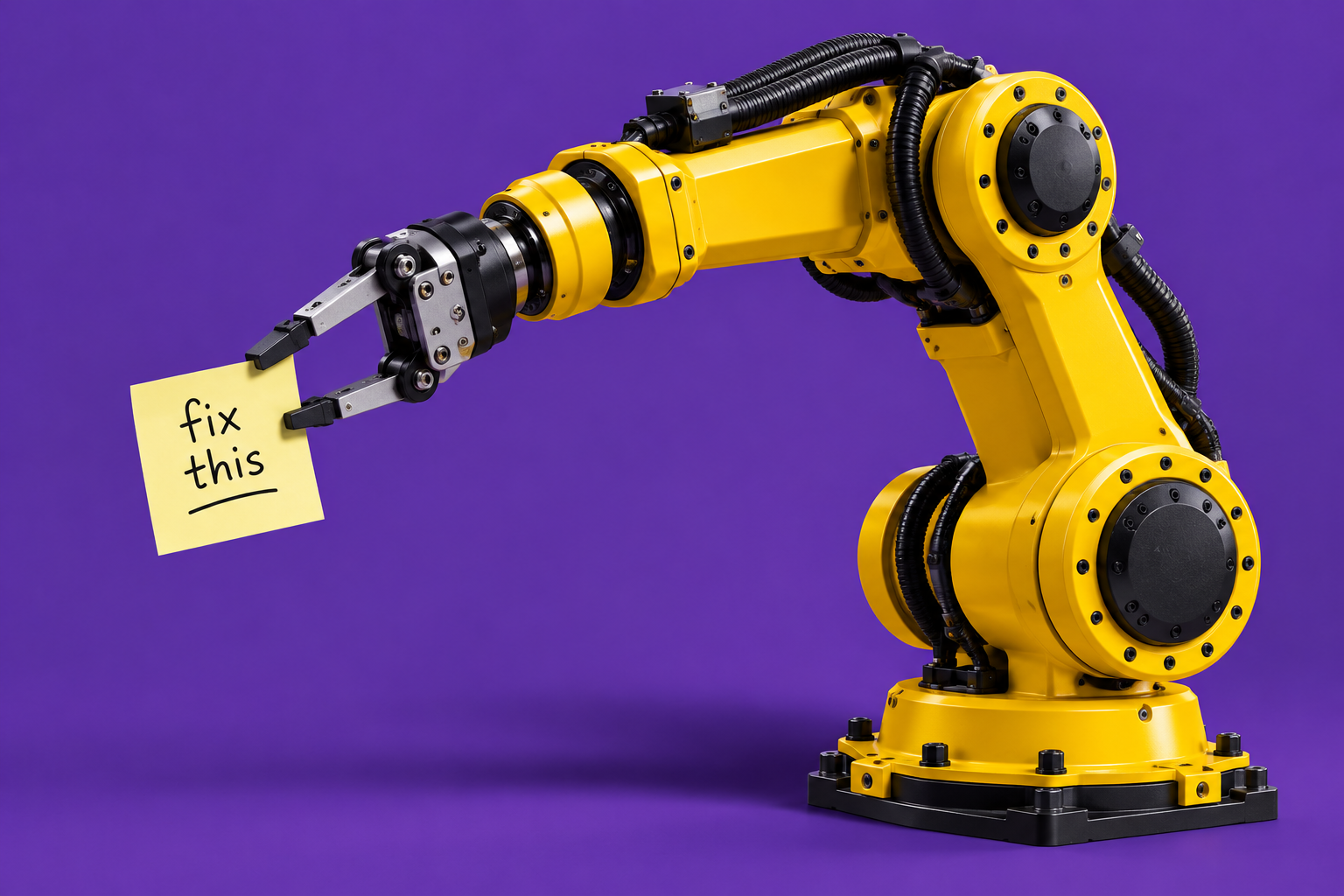A large industrial robot arm holding a single small sticky note that reads fix this.