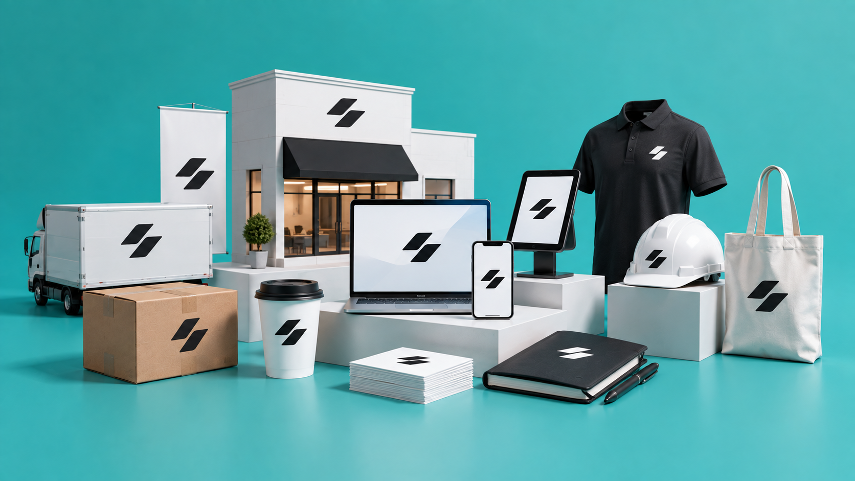 A coordinated set of branded touchpoints across a storefront, vehicle, apparel, packaging and devices.