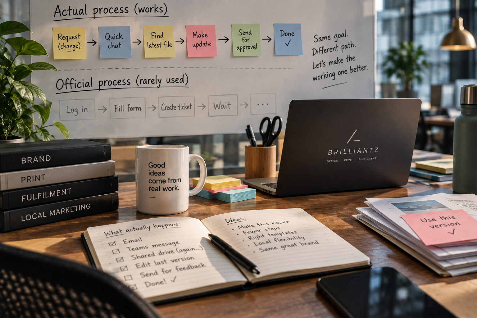 A cafe counter with a note listing small everyday tasks where AI might help.