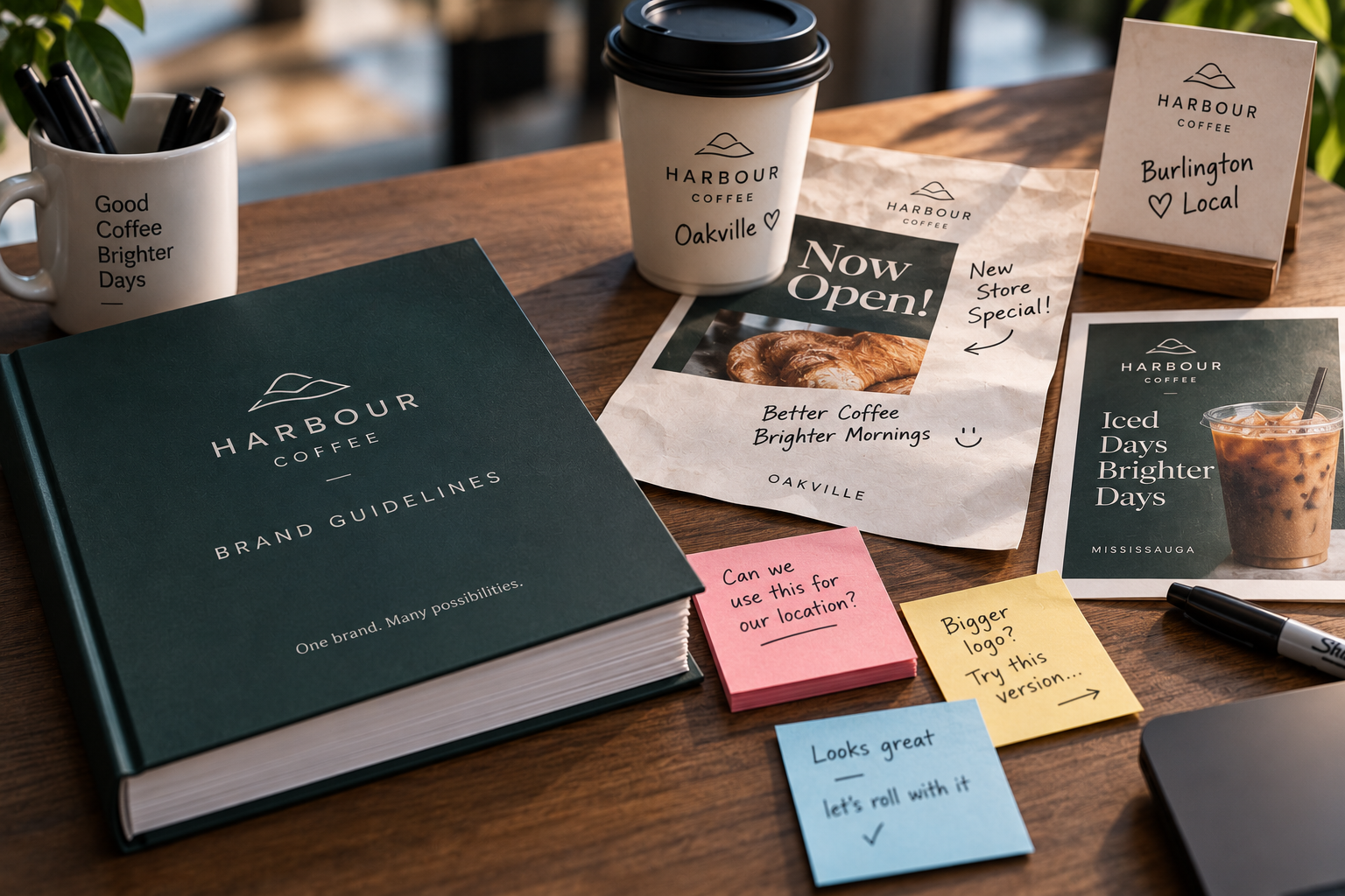 A printed brand guidelines manual beside real local adaptations and handwritten notes.