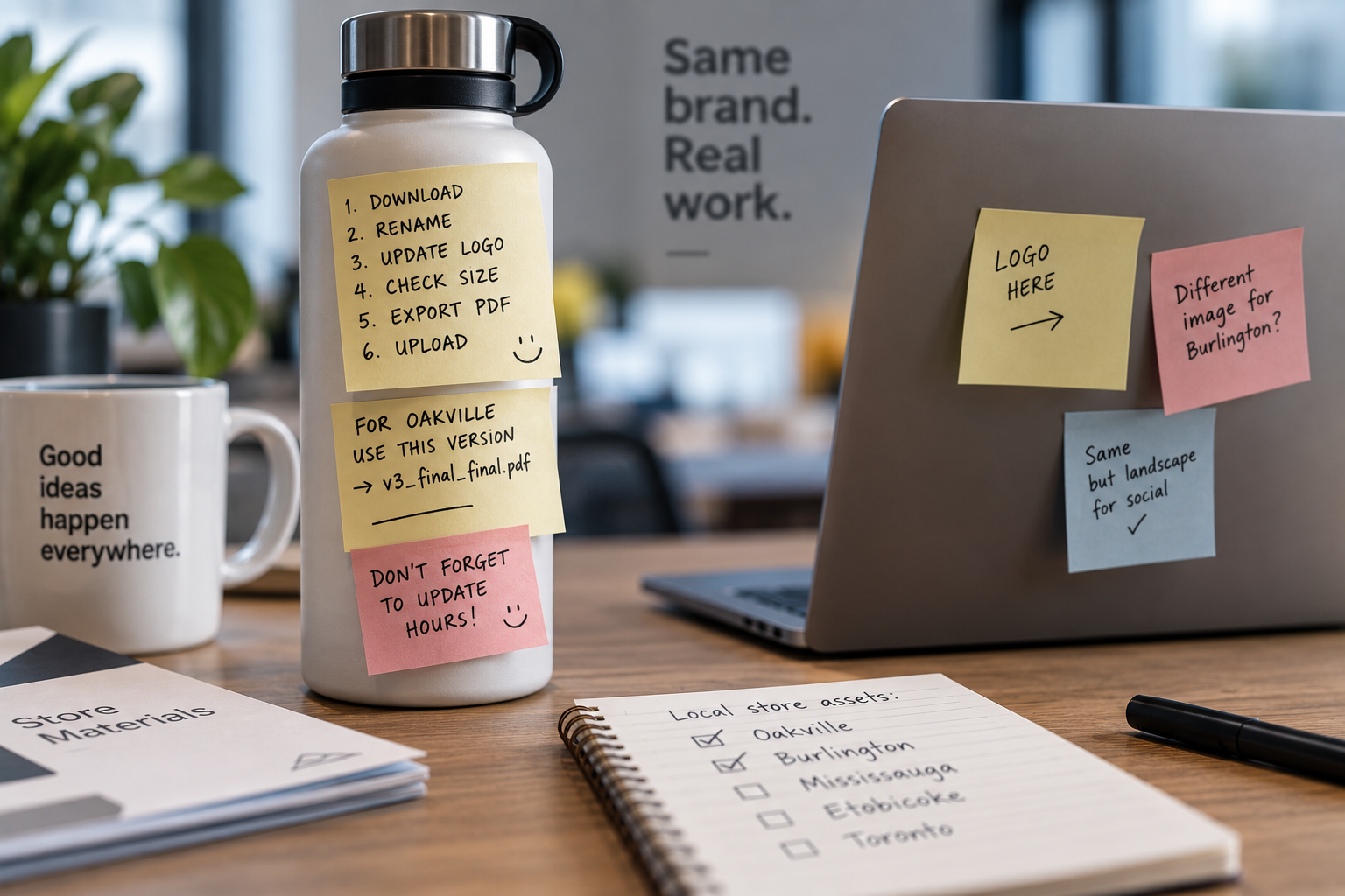 A desk covered in handwritten sticky notes recording the steps someone invented to get a job done.