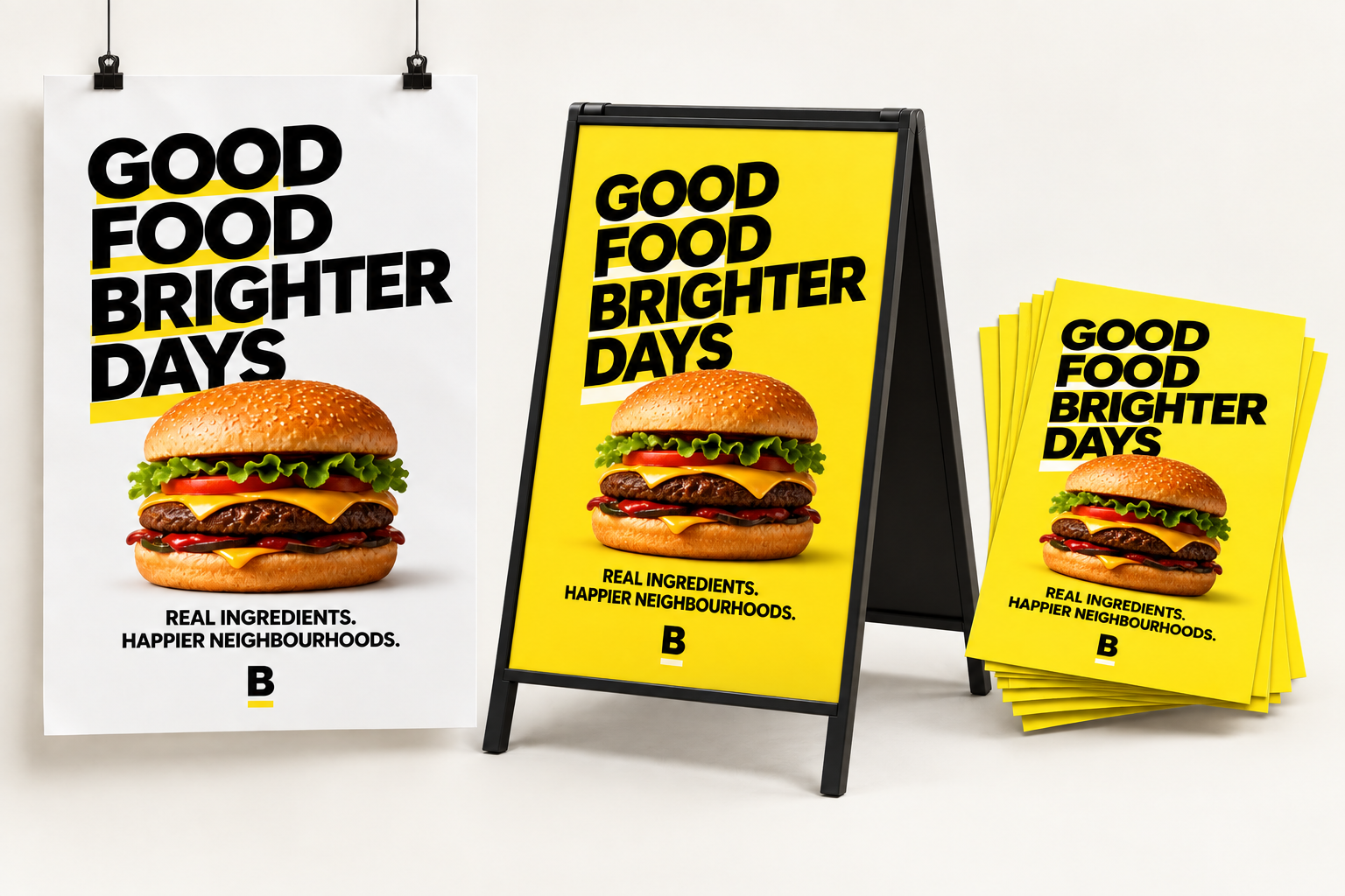 The same campaign adapted across a framed poster, a table tent, a stack of flyers, a cap and an apron.
