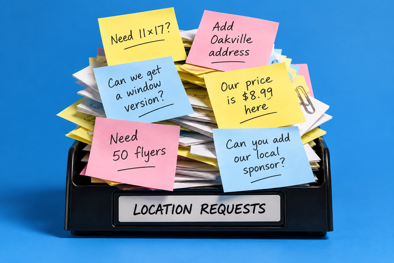 An overflowing desk tray labelled Location Requests, stuffed with notes and paperwork.