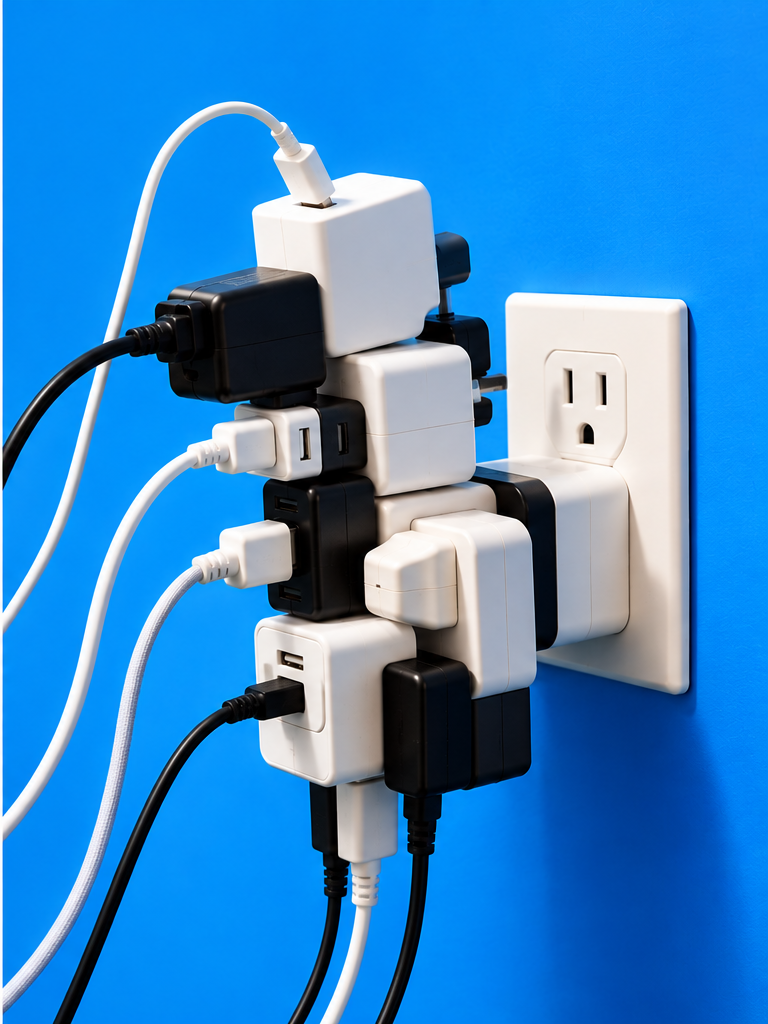 A precarious stack of plug adapters piled into a single wall outlet.