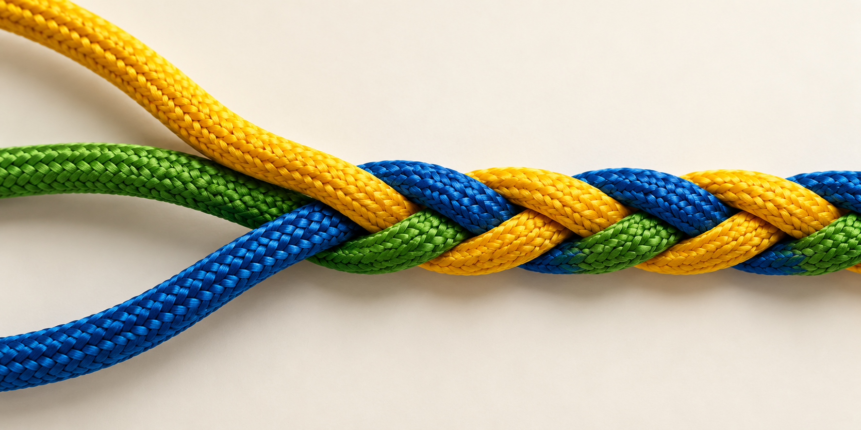 Three separate cords in yellow, green and blue braided together into one.