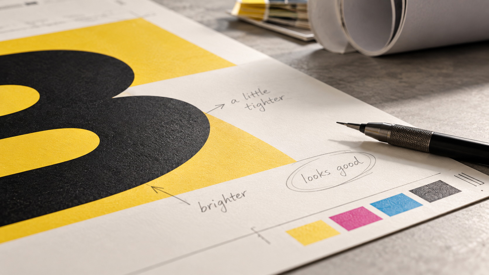 A printed proof marked up by hand in pencil, with colour swatches alongside it.