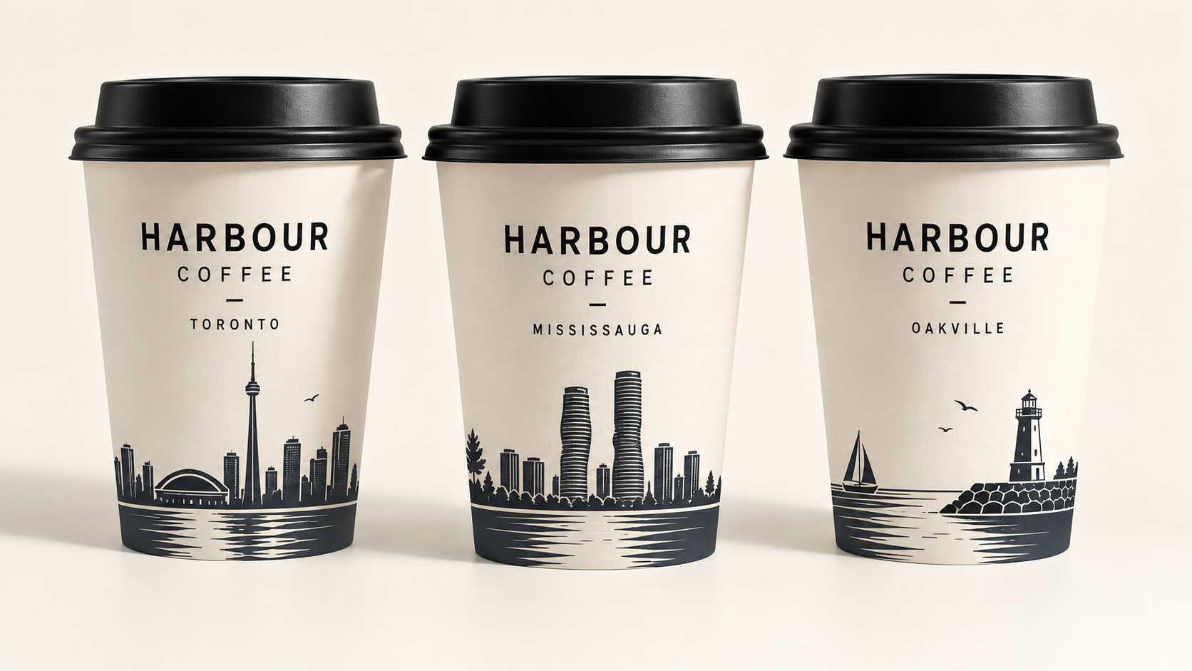 Three Harbour Coffee cups, each showing a different local skyline for Toronto, Mississauga and Oakville.