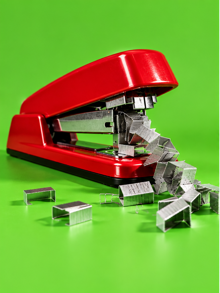 A red stapler jammed, with a long tangle of staples spilling out of it.